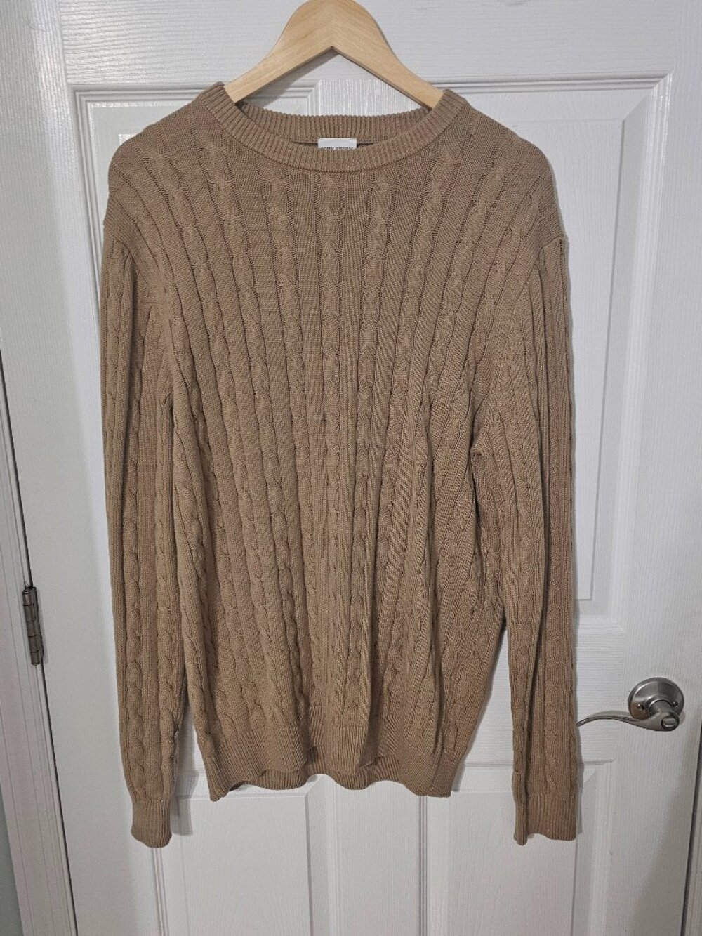John Henric Sweden Mens Cable Knit Crewneck Sweater Beige Size Large 100% Cotton